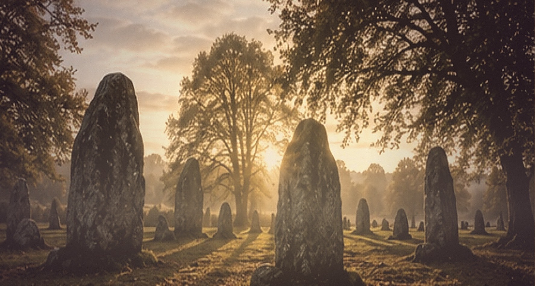 Standing stones at first light among trees