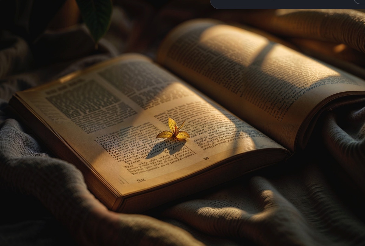 An open antique book in golden light, a small leaf on the page