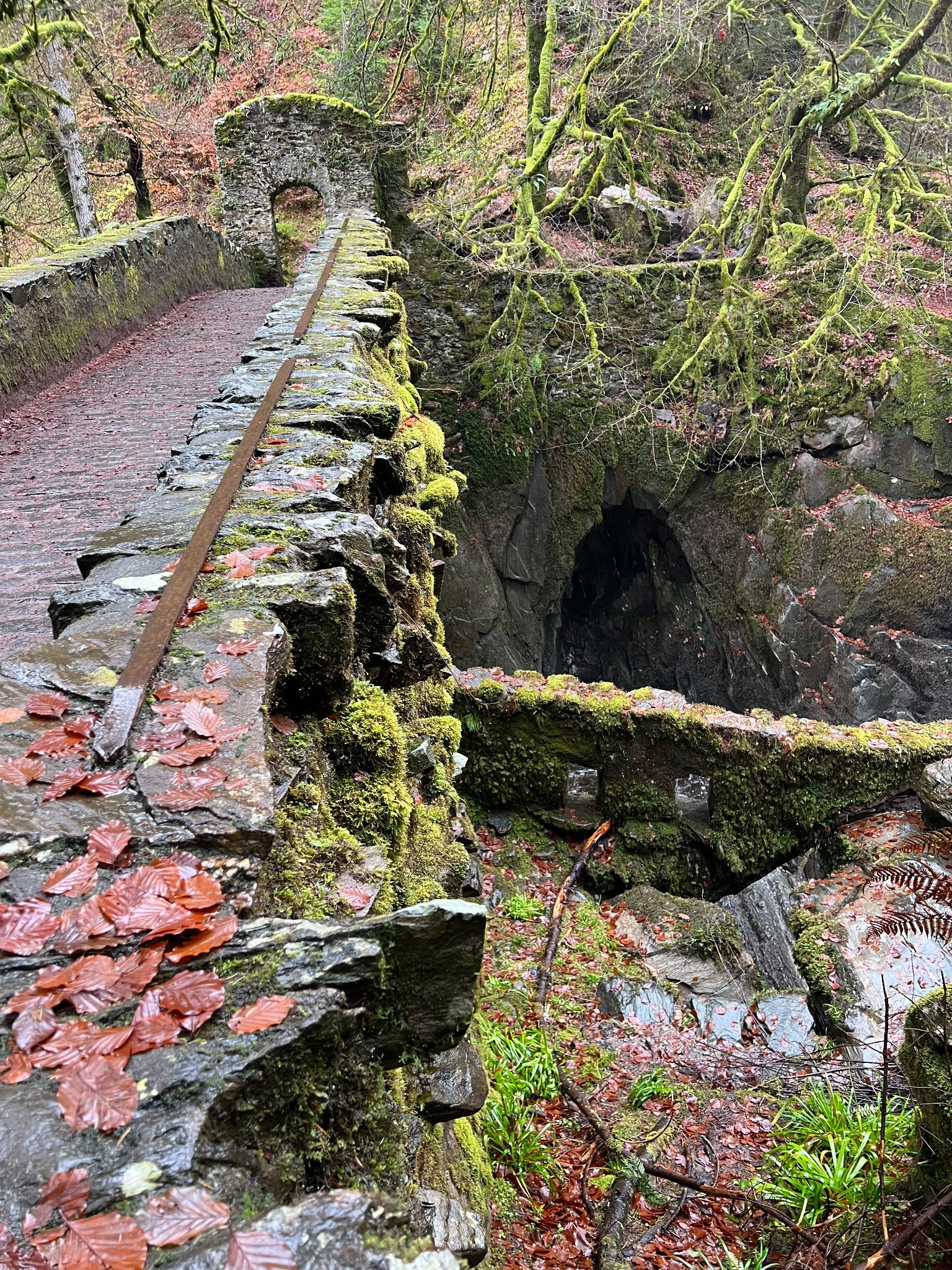 A moss-covered stone path leading through an ancient archway