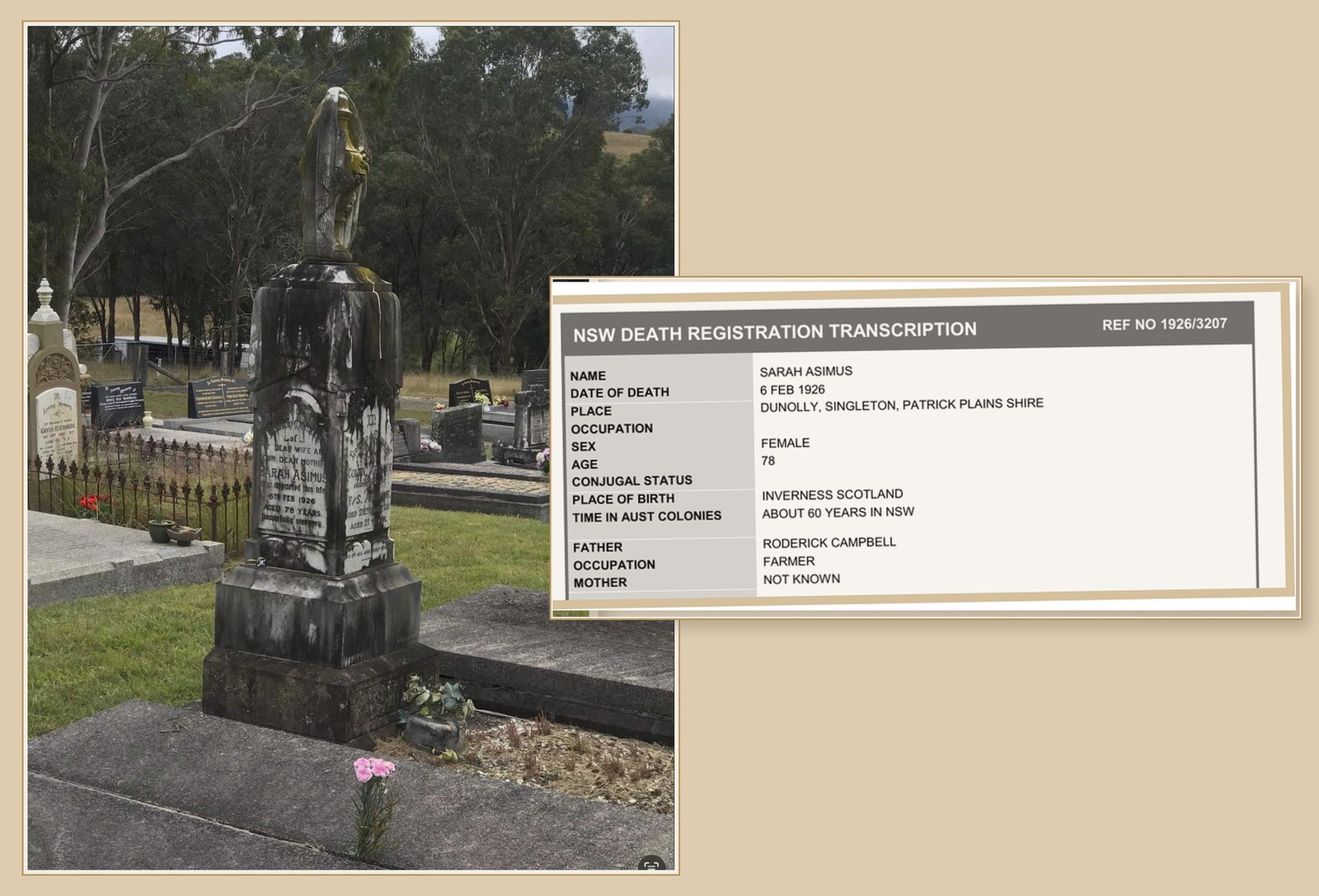 Sarah Campbell Asimus’s grave beside an excerpt from her death registration recording her mother as not known.