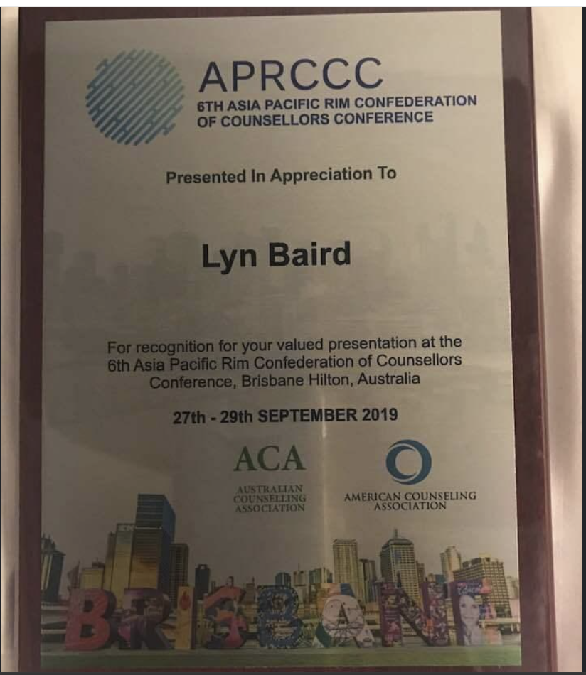 Presentation recognition for Lyn Baird at the 6th Asia Pacific Rim Confederation of Counsellors Conference, Brisbane, 2019